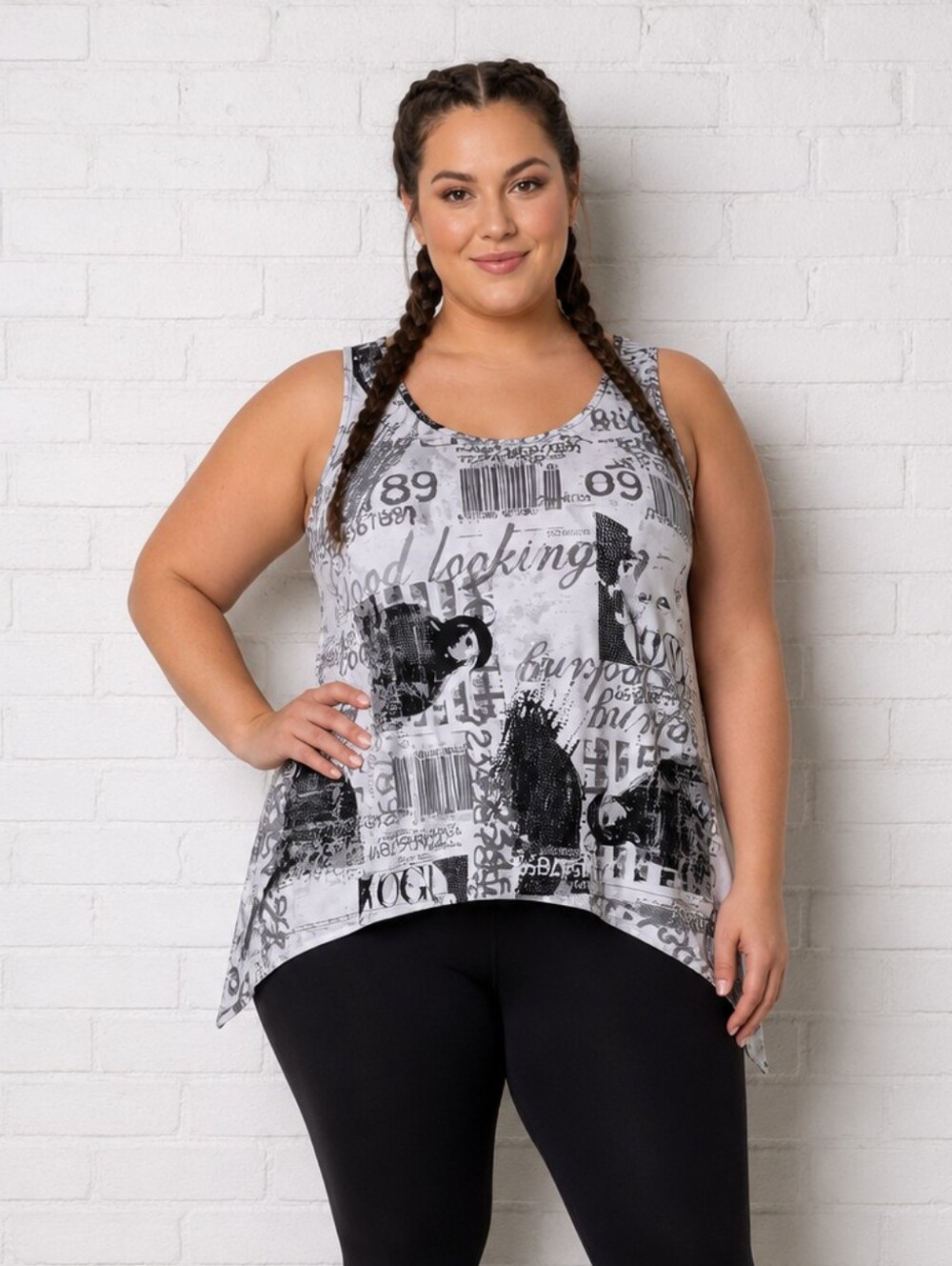 MXM Vintage Plus Size X: Newspaper Graphic Scoop Neck Tank Top: Y2K
